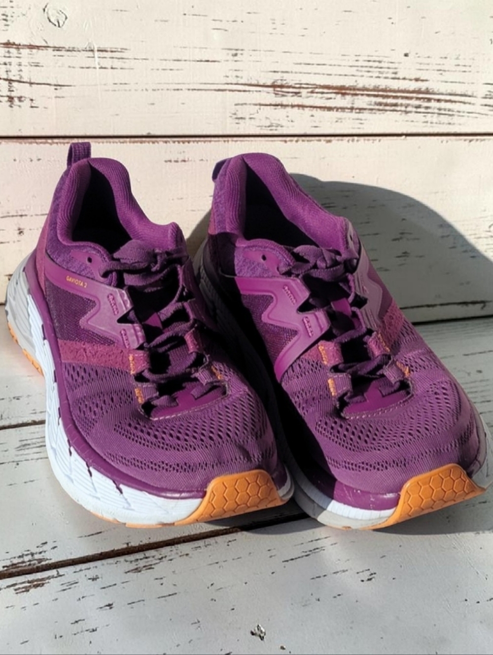 EUC Hoka One One Gaviota 2 Grape Juice Orange Running Shoes Women's Size 9.5